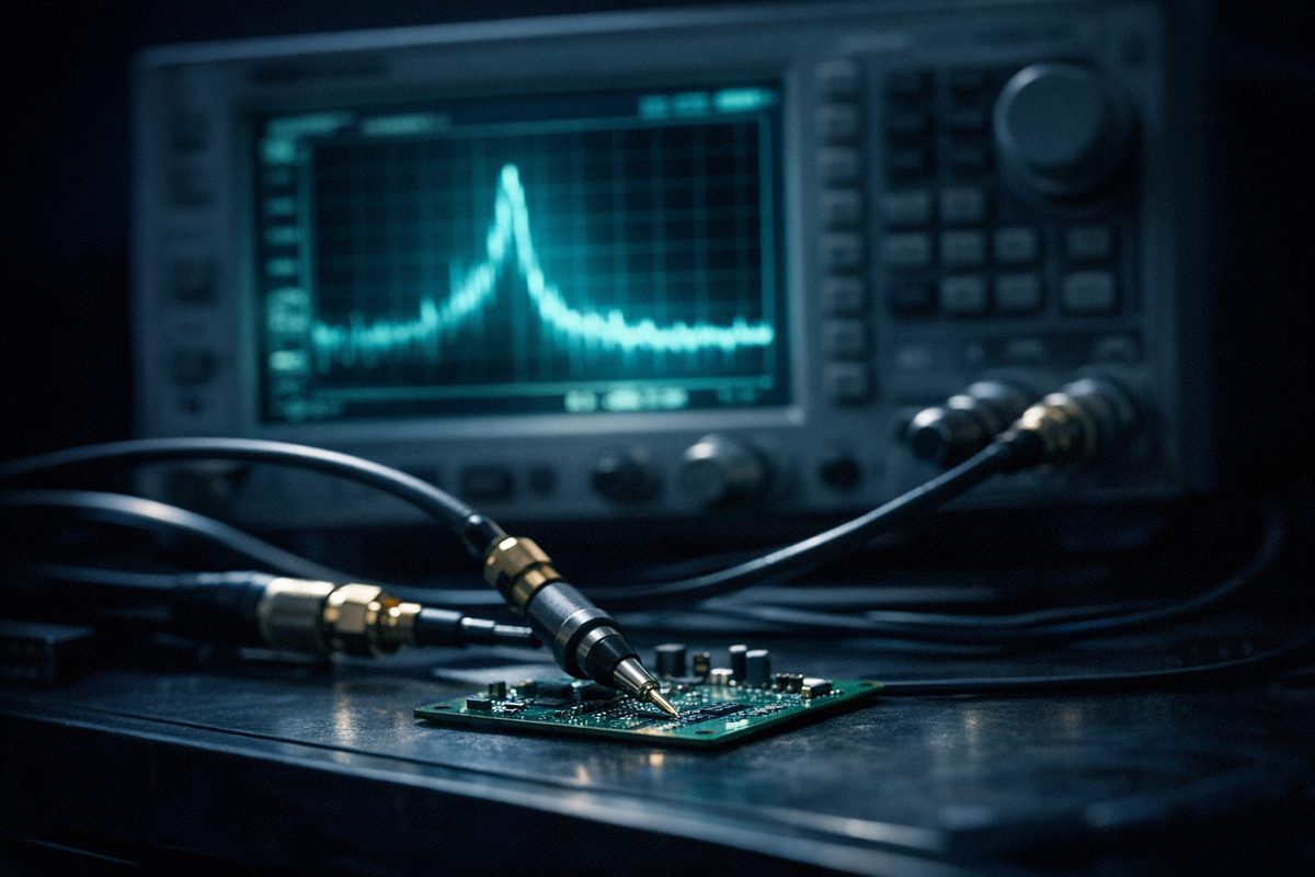 Spectrum analyser showing an emissions trace over a circuit board on a test bench