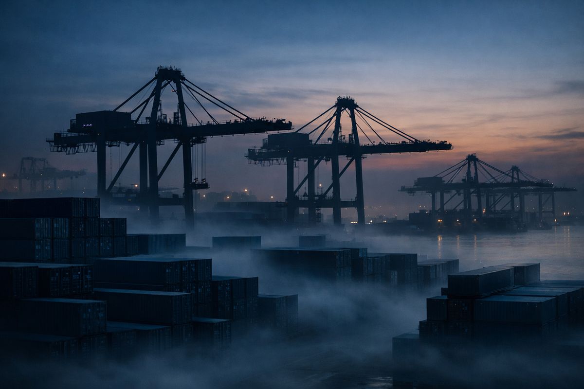 Shipping containers stacked at a port at dusk